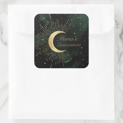 Celestial Emerald Gold Moon Quinceaera Square Sticker