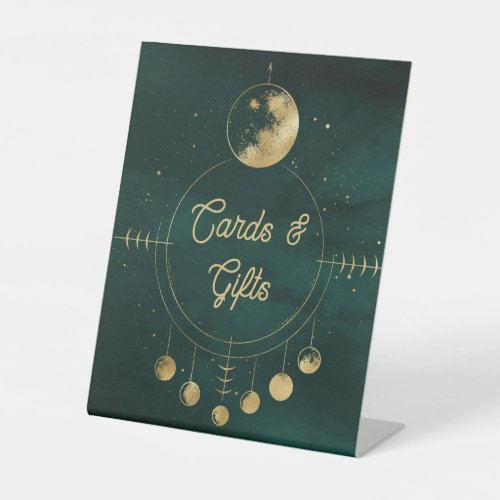 Celestial Emerald Gold Moon Wedding Card and Gifts Pedestal Sign