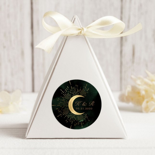 Celestial Emerald Gold Moon Wedding Classic Round Classic Round Sticker (Creator Uploaded)