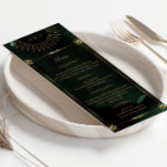 Celestial Emerald Gold Moon Wedding Menu Card<br><div class="desc">Our "Celestial Emerald Gold" collection features a beautiful crescent moon with gold stars in various designs on a velvety emerald green background paired with elegant fonts. Easy to you to customize and you can choose among many items from this collection in our store.</div>