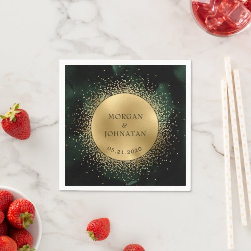 Celestial Emerald Gold Moon Wedding Napkins