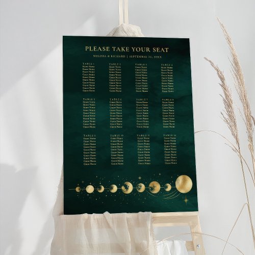 Celestial Emerald Gold Moon Wedding Seating Chart Foam Board