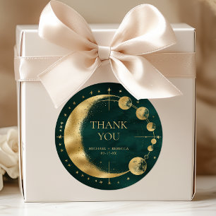 Celestial Emerald Gold Moon Wedding Thank You Classic Round Sticker