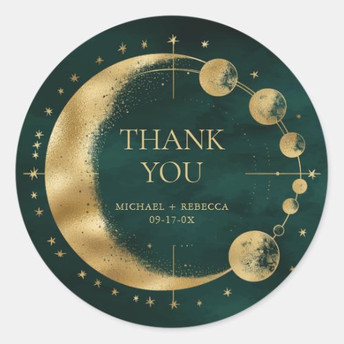 Celestial Emerald Gold Moon Wedding Thank You Classic Round Sticker