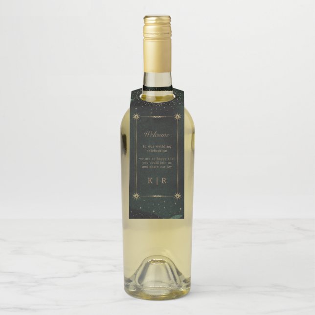 Celestial Emerald Gold Wedding Bottle Hanger Tag (On Bottle)
