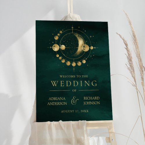 Celestial Emerald Green Gold Moon Wedding Welcome Foam Board