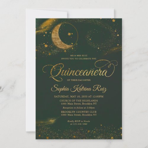 Celestial Emerald Green Gold Star Moon Quinceanera Invitation