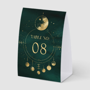 Celestial Emerald Moon Phases Wedding Table Number Paper Table Tent
