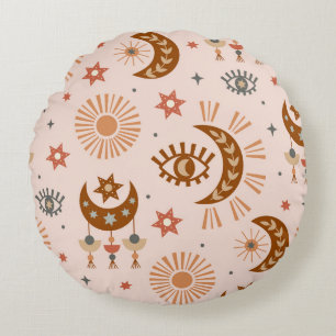 Celestial eye, moon, sun pattern. round pillow