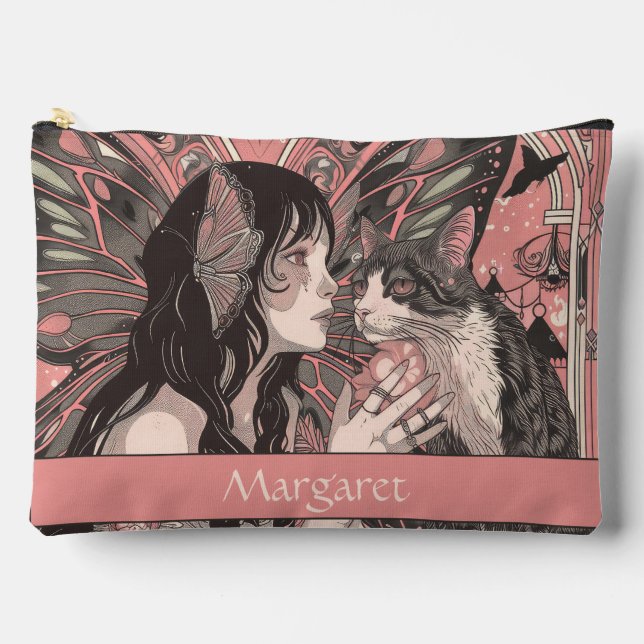 Celestial Fairy with Cat Peach Art Deco Personal Accessory Pouch (Front)