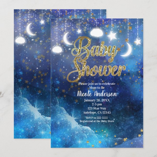 Celestial Fantasy Gold Stars & Glow Baby Shower Invitation (Front/Back)
