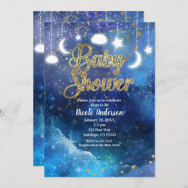 Celestial Fantasy Gold Stars & Glow Baby Shower Invitation (Front/Back)