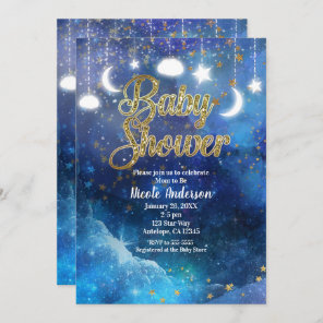 Celestial Fantasy Gold Stars & Glow Baby Shower Invitation