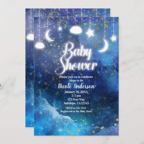 Celestial Fantasy Gold Stars  Glow Baby Shower Invitation