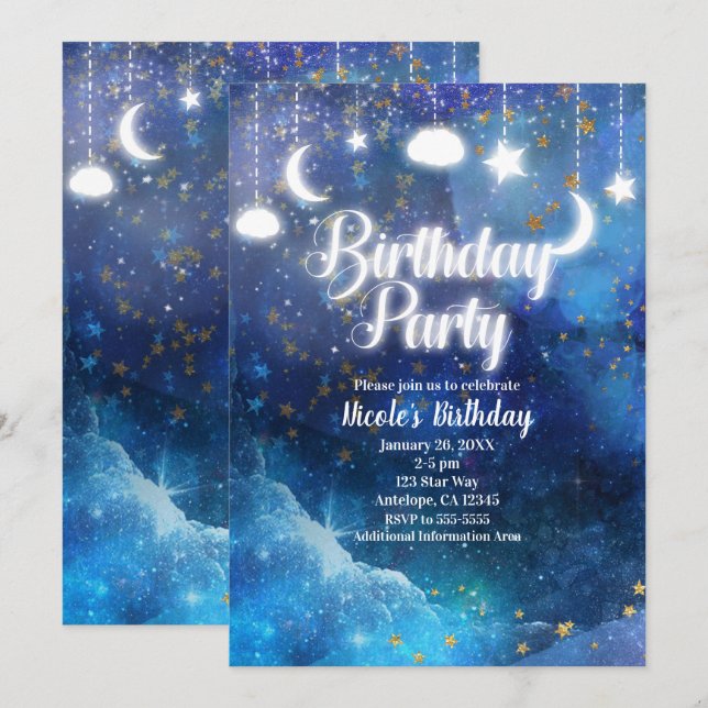 Celestial Fantasy Gold Stars & Glow Birthday Party Invitation (Front/Back)