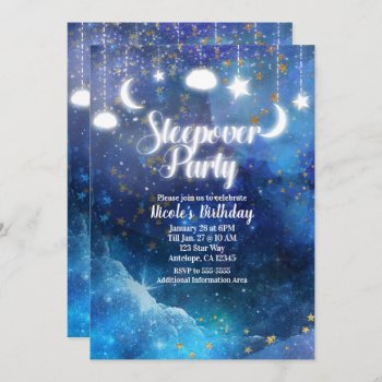 Celestial Fantasy Gold Stars Glow Sleepover Party Invitation by printabledigidesigns at Zazzle