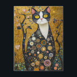 Celestial Feline in Gold Postcard<br><div class="desc">This image features a stunning cat rendered in the artistic style reminiscent of Gustav Klimt. The cat, with its striking yellow eyes, white and black fur, and intricate, swirling patterns on its body, exudes a regal and mysterious aura. The background is richly detailed with golden hues, organic shapes, and floral...</div>