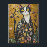 Celestial Feline in Gold Postcard<br><div class="desc">This image features a stunning cat rendered in the artistic style reminiscent of Gustav Klimt. The cat, with its striking yellow eyes, white and black fur, and intricate, swirling patterns on its body, exudes a regal and mysterious aura. The background is richly detailed with golden hues, organic shapes, and floral...</div>