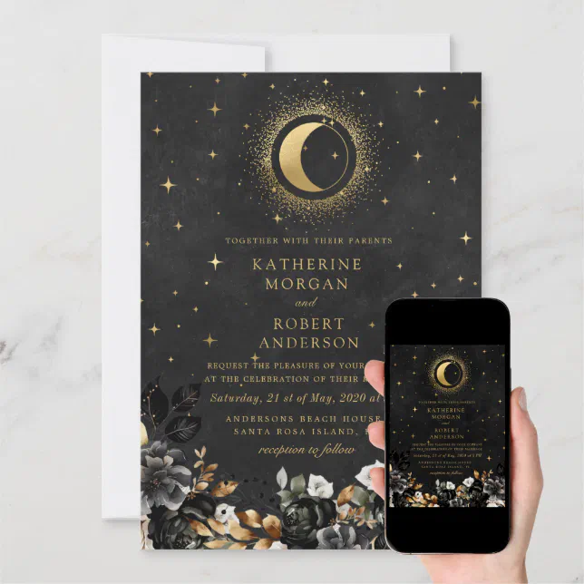 Celestial Floral Black Stars Moon Wedding Invitation | Zazzle