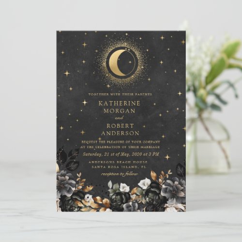 Celestial Floral Black Stars Moon Wedding Invitation