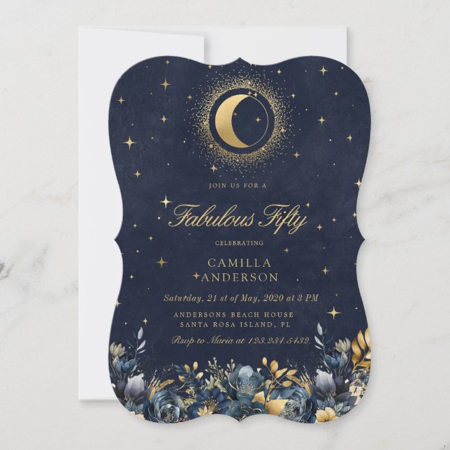 Celestial Floral Blue Stars Moon Birthday Invitation (Front)