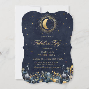 Celestial Floral Blue Stars Moon Birthday Invitation