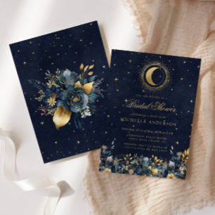 Celestial Floral Blue Stars Moon Bridal Shower Invitation