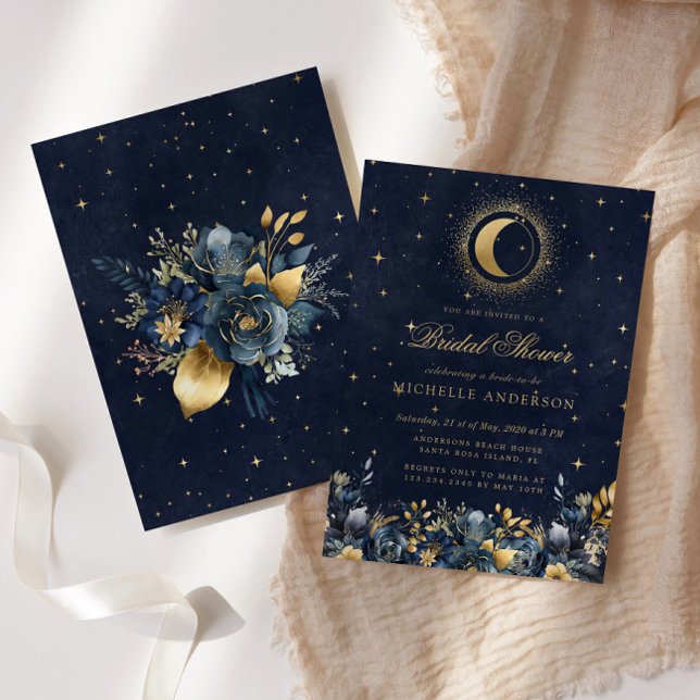 Celestial Floral Blue Stars Moon Bridal Shower Invitation (Creator Uploaded)