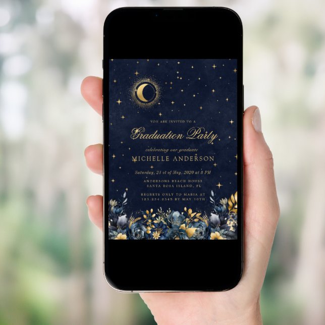 Celestial Floral Blue Stars Moon Graduation Party Invitation (Front Digital)