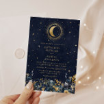 Celestial Floral Blue Stars Moon Wedding Invitation<br><div class="desc">Our "Celestial Gold" collection features a beautiful crescent moon with gold stars in various designs on a velvet midnight blue background paired with elegant fonts. Easy for you to customize and you can choose among many items from this collection in our store.</div>