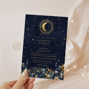 Celestial Floral Blue Stars Moon Wedding Invitation