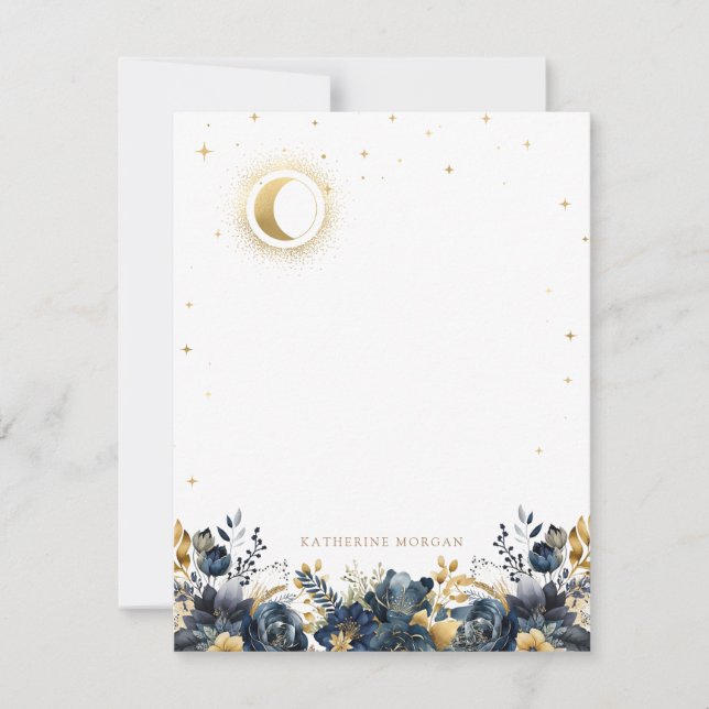 Celestial Floral Blue Stars Moon Wedding Note Card (Front)