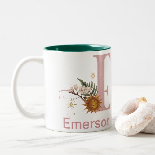 Celestial Floral Custom Name Letter E Monogram on  Two_Tone Coffee Mug