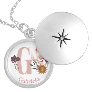 Celestial Floral Custom Name Letter G Monogram on Locket Necklace