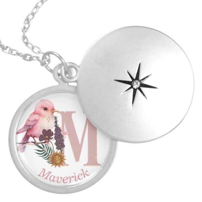 Celestial Floral Custom Name Letter M Monogram  Locket Necklace (Front)