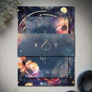 Celestial Floral Galaxy Starry Night Blue Wedding Invitation Belly Band