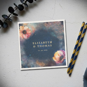 Celestial Floral Galaxy Starry Night Blue Wedding Napkins