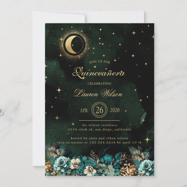 Celestial Floral Green Gold Stars Quinceanera Invitation (Front)