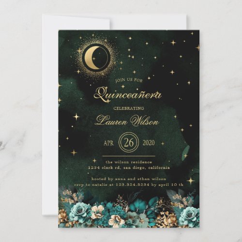 Celestial Floral Green Gold Stars Quinceanera Invitation