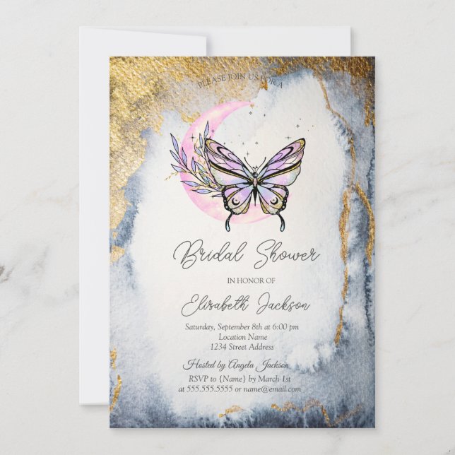 Celestial Floral Moon Butterfly Bridal Shower  Invitation (Front)