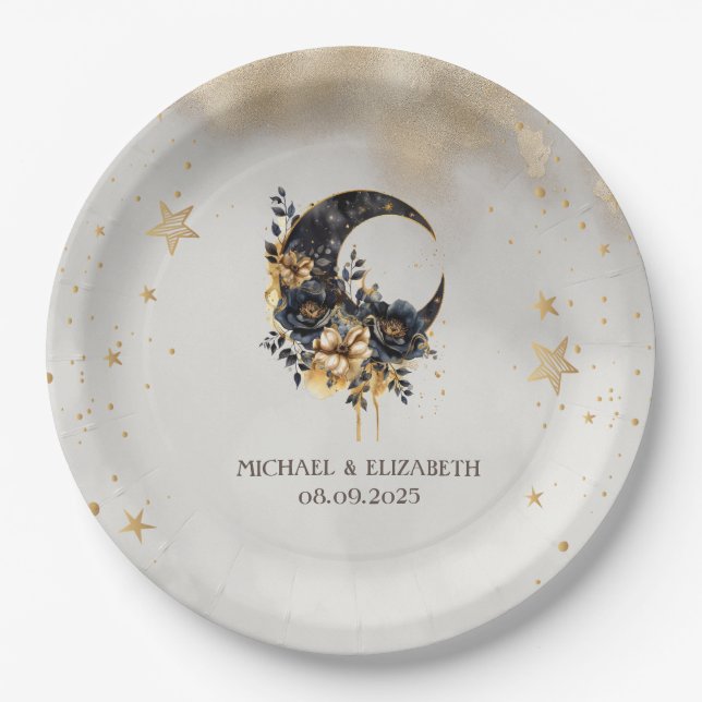 Celestial Floral Moon,Stars Paper Plates (Front)
