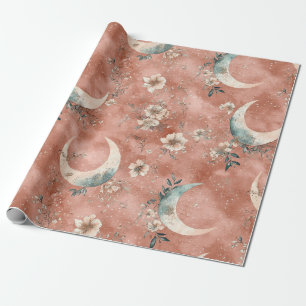 Celestial Floral Pattern Muted Terracotta Wrapping Paper