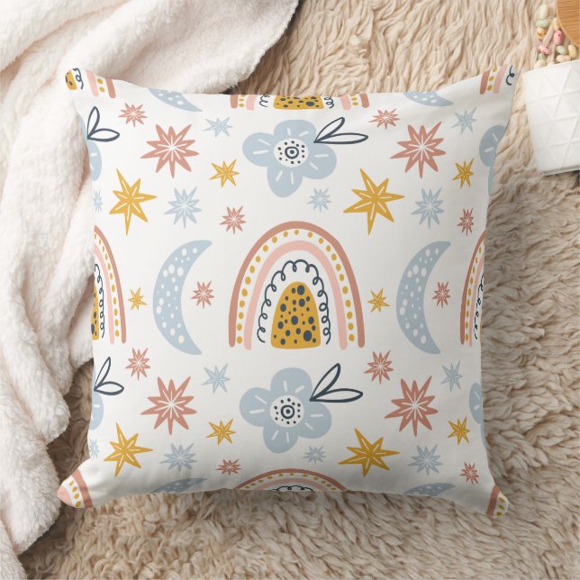 Celestial Floral & Rainbow Pattern Throw Pillow (Blanket)