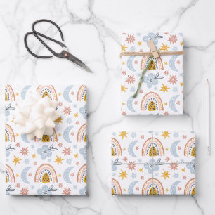 Celestial Floral & Rainbow Pattern Wrapping Paper Sheets