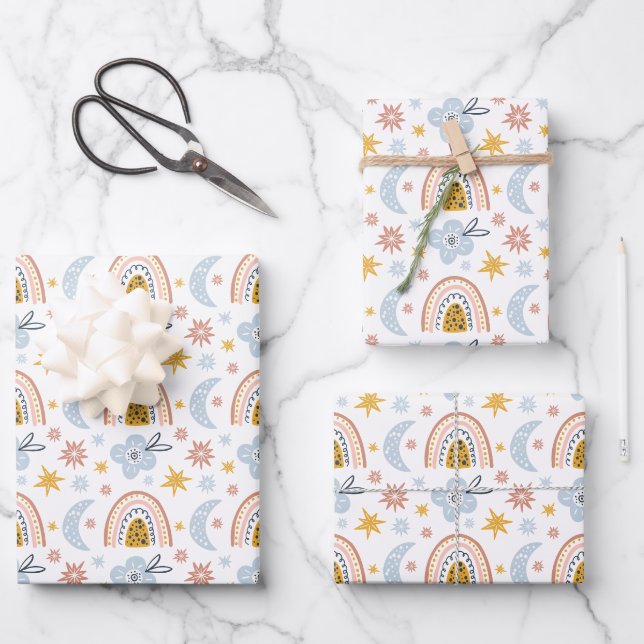 Celestial Floral & Rainbow Pattern Wrapping Paper Sheets (Front)