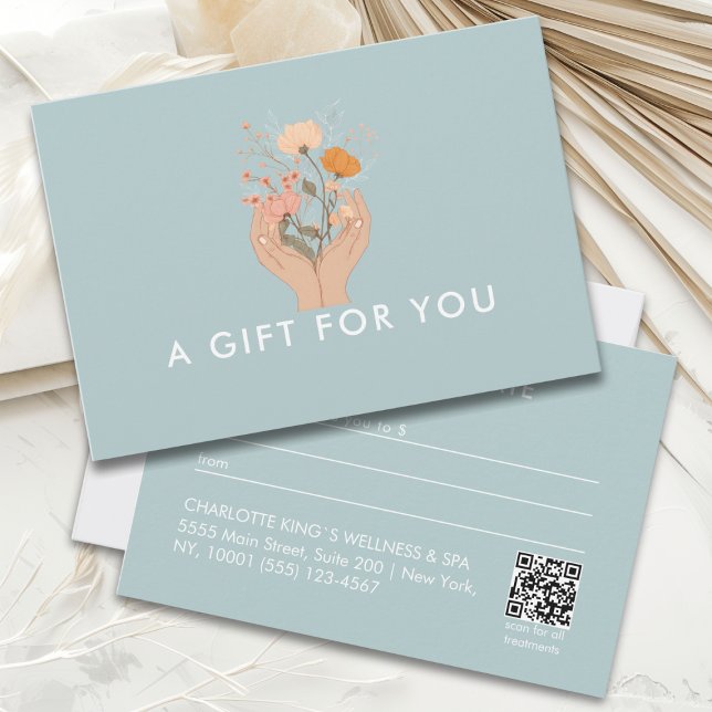 Celestial Floral Salon QR-Code Gift Certificate (Celestial Floral Beige Brown Blue White Boho Salon Qr Code Business Gift Certificate)