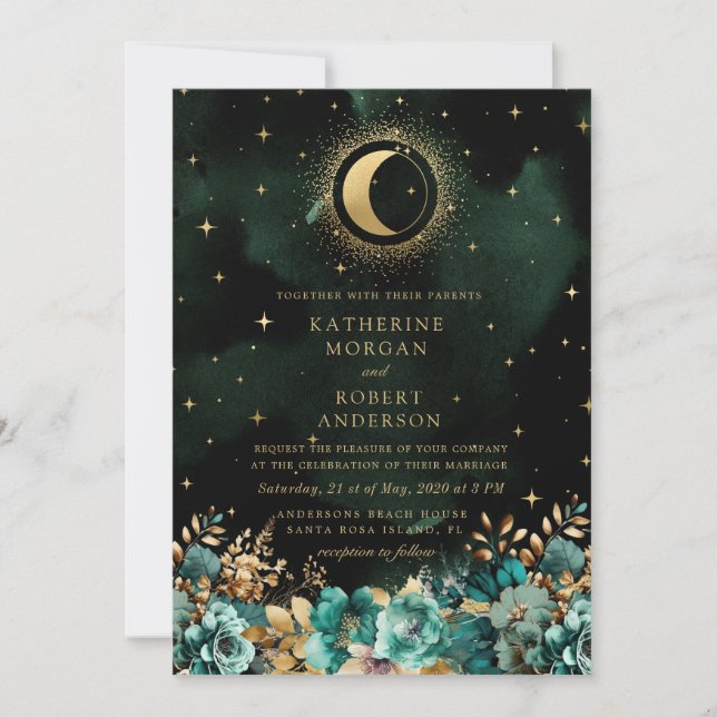 Celestial Floral Teal Stars Moon Wedding Invitation (Front)