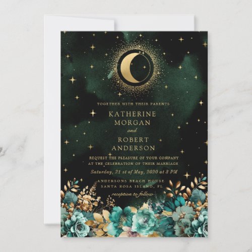 Celestial Floral Teal Stars Moon Wedding Invitation