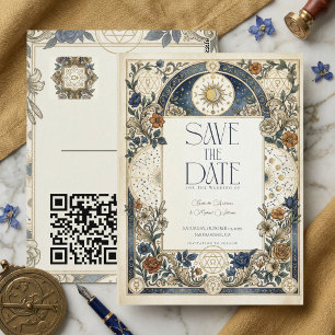 Celestial Floral Vintage Wedding QR Save The Date Postcard