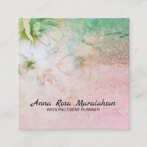  Celestial Floral Watercolor Glitter Turquoise Square Business Card